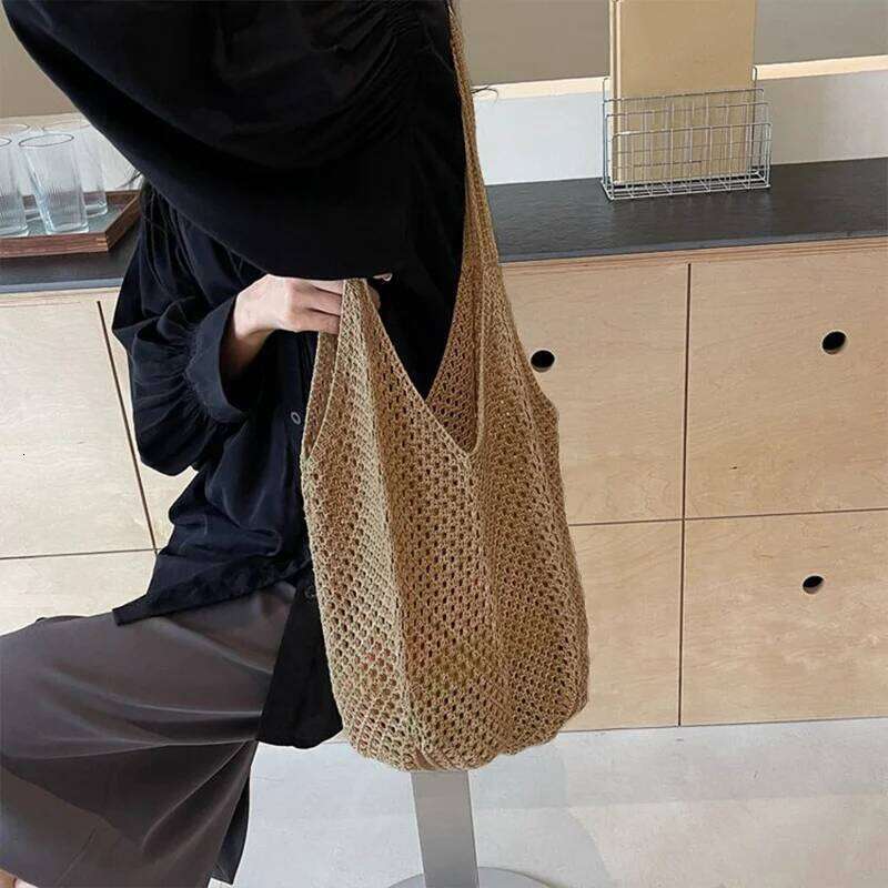 Women Crochet Tote Candy Fashion Knitted Large Capacity Woven Shoulder Bags Solid Color Simple Shopping Bag for Summer Beach XJ260310