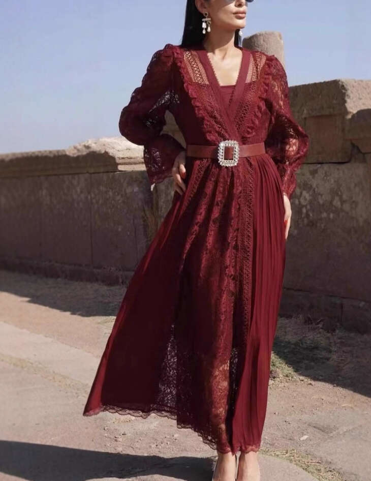 2026 Spring and Summer European and American Fashion Goddess Sexy Lace Transparent Splicing Wrinkle Two Piece Set Tassel Long Dress