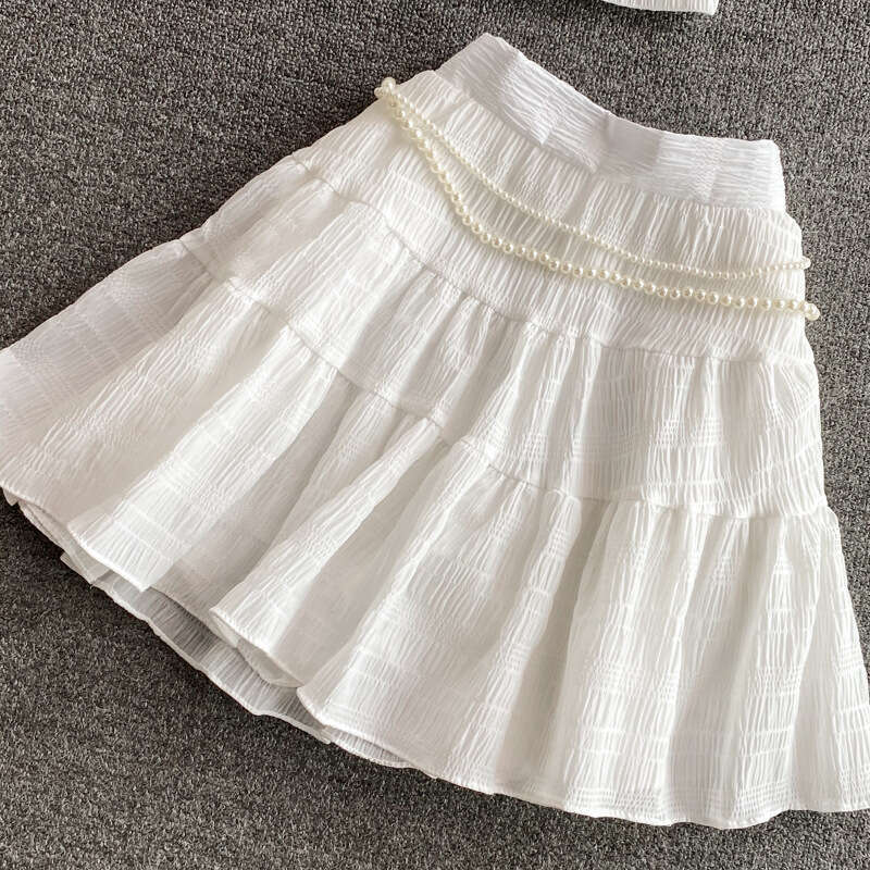 2026 Spring/Summer Designer Women's Fluffy Cake A-line Skirt Two Piece Set High Waist Short Sleeve Top