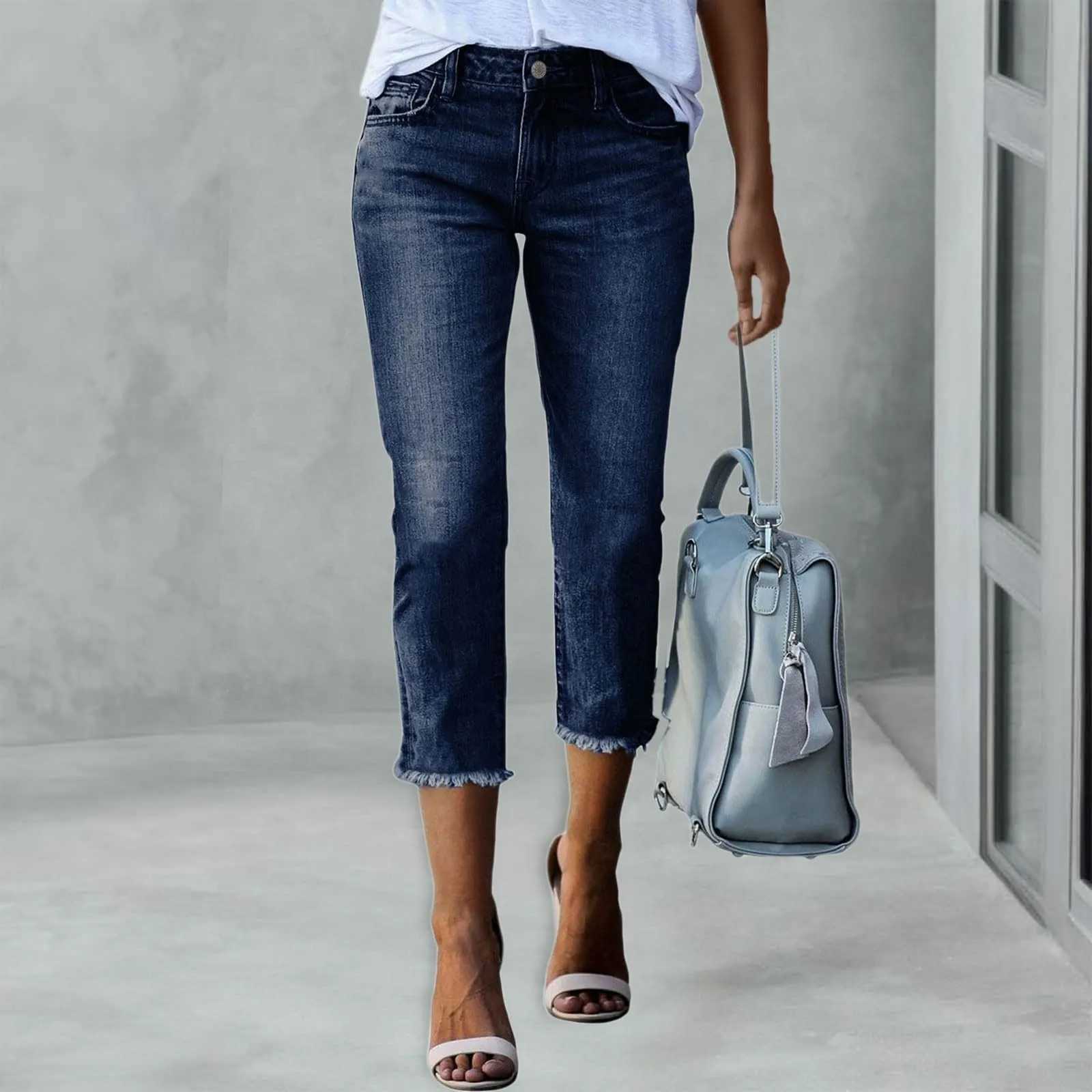 Ladies Fashionable Slim Fitting Ripped Trendy Jeans Summer Streetwear Casual Distressed Stretchy Denim Pants M260310