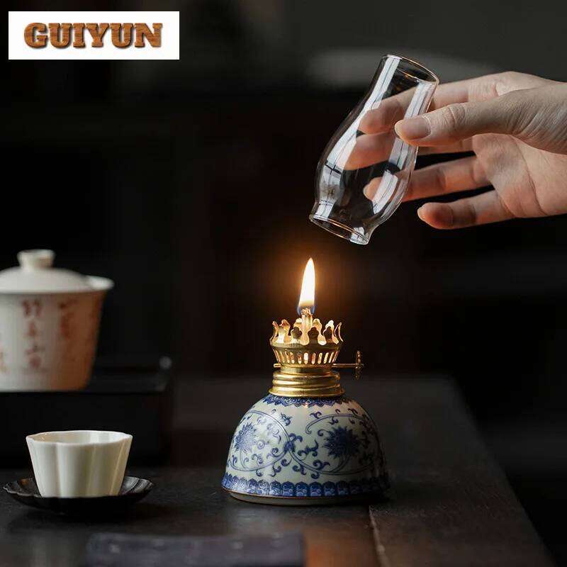 Blue And White Handmade Butter Lamp Creative Wrapped Lotus Candlestick Antique Scented Aromatic Candles Teaware Room Ornaments H260310