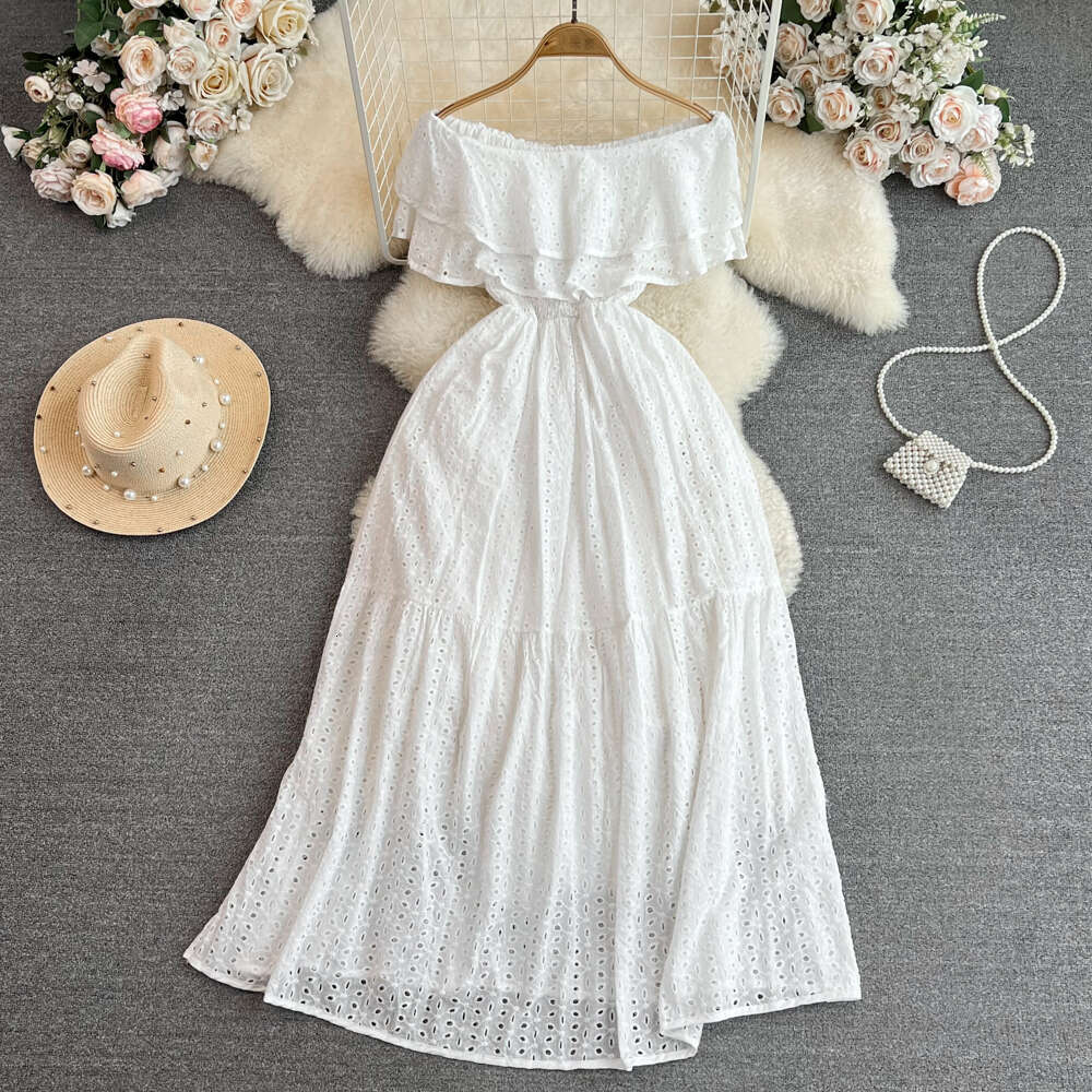 Forest style first love long skirt retro gentle style super fairy off shoulder pleated waistband slim fit A-line skirt