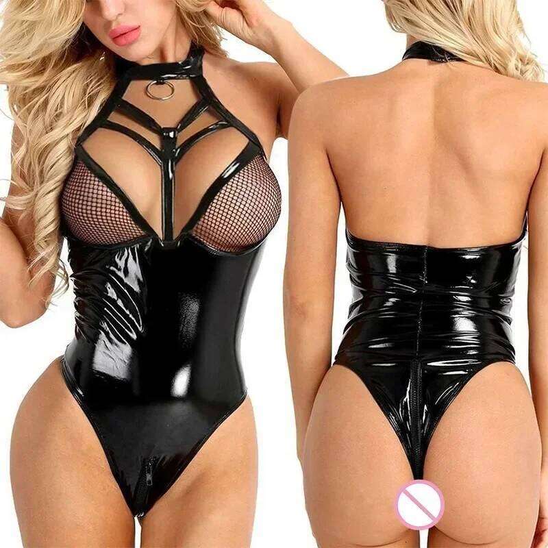 Black PU Latex Leather Backless Zipper Crotch Bodysuit for Women Sexy Lingerie Underwear Erotic Teddies Porn Exotic Costumes 26L0310
