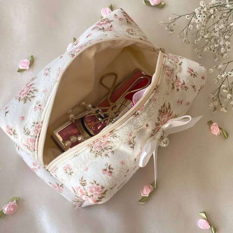 Women Lace Bow Cosmetic Large Capacity Makeup Organizer Travel Toiletry Storage Bag Zipper Ruffles Pencil Case XJ260310