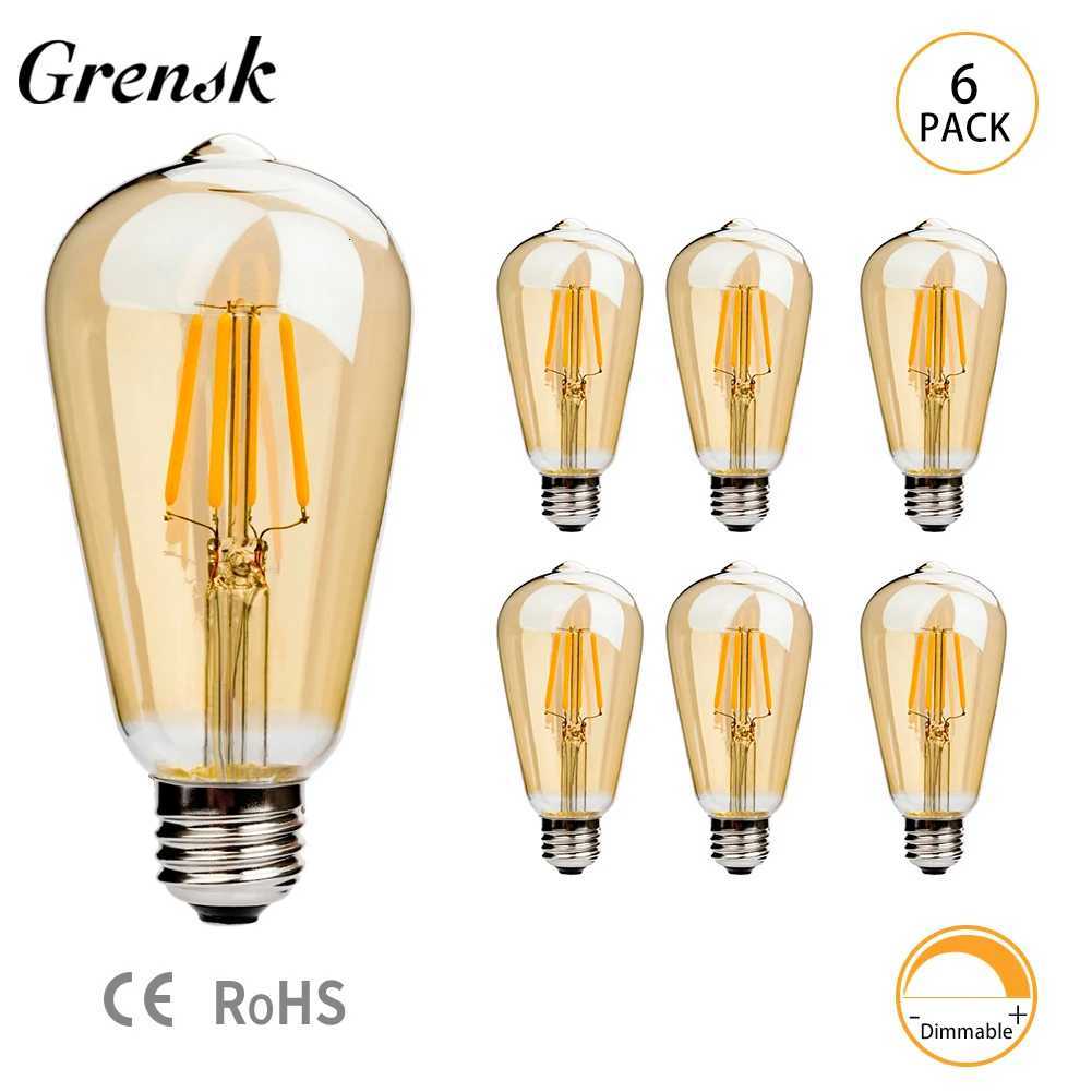 6pcs ST64 Dimmable LED Filament Light Bulb E27 220V 6W 2200K Amber Glass Vintage Edison Led Lights Decoration Energy Saving Lamp H260310