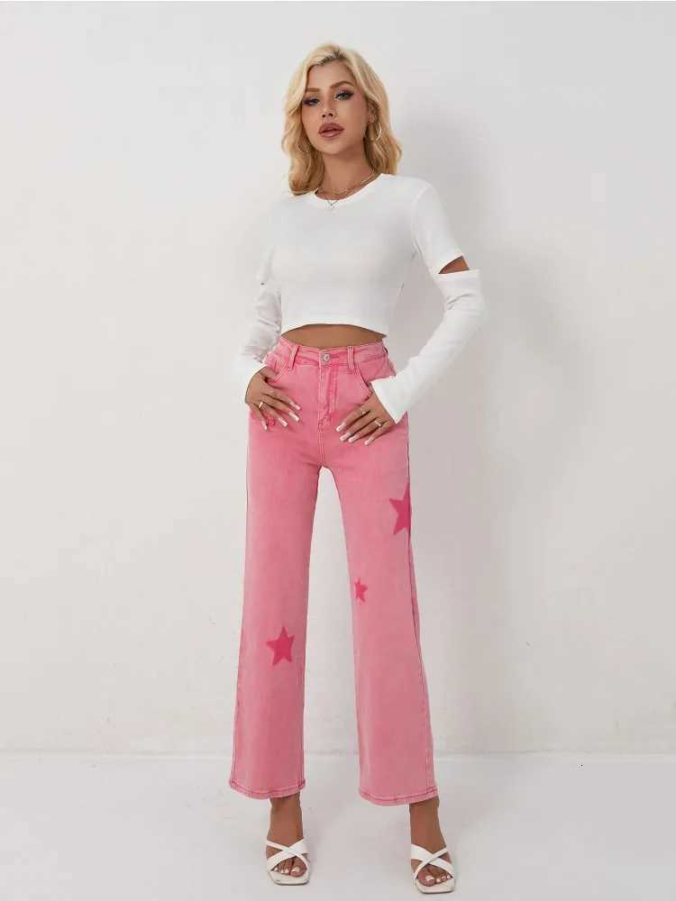 Womens Pink Jeans Star Print Flared High Waist Denim Trousers Stylish and Comfortable Outfit OptionT260310