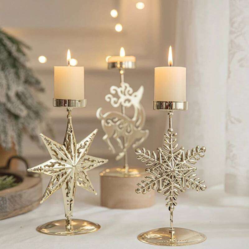 Gold Forged Iron Ornament Star Elk Tree Candlestick Christmas and New Year Holiday Table Decor H260310