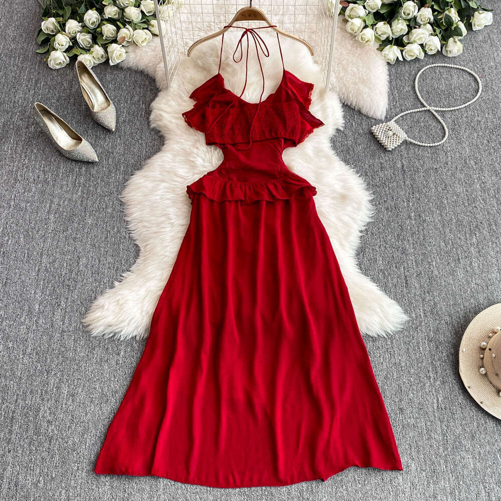 2026 designer's bright red backless collar dress with ruffled edges and perfect seaside travel and vacation