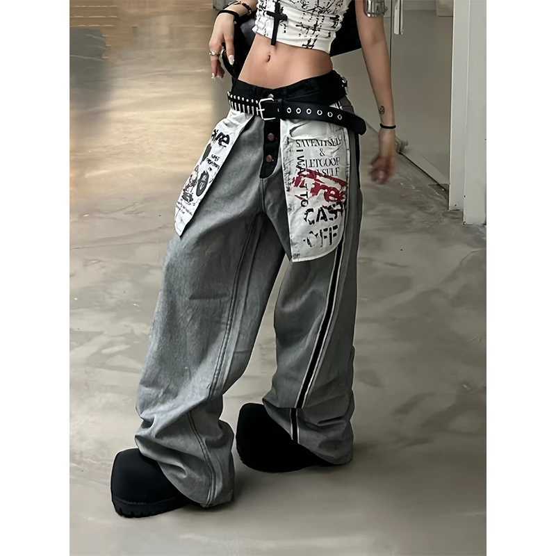Vintage Jeans Women Pocket Printed Spliced Trousers Gothic Harajuku Loose Straight Pants Summer New Chic Trouser M260310