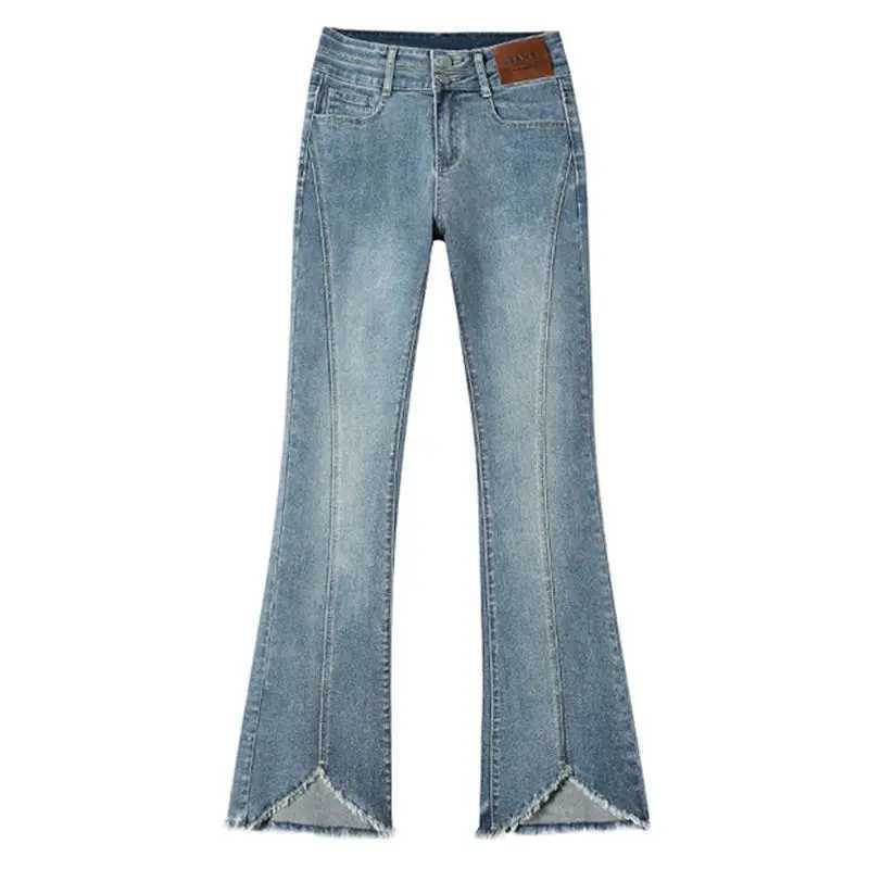 Women Autumn Y2K Slim Flared Denim Trouser Raw Edge Vintage Sexy Minimalist Pant Grunge High Waist Solid High Street Retro Jeans M260310