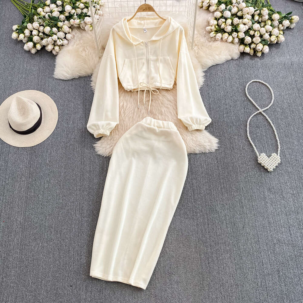 Women's fashion set, Korean zipper hooded sweatshirt jacket, two-piece set, high waist slim fit, medium length 2026