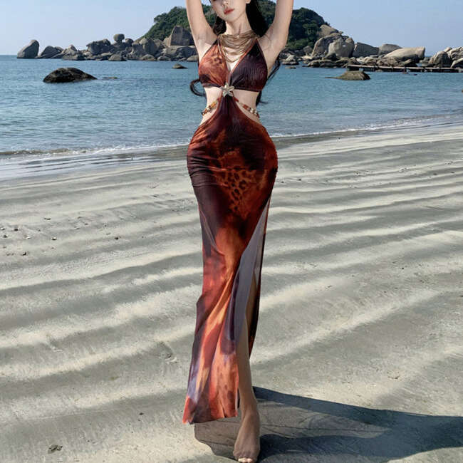 2026 spring and summer new designer elegant strapless dress suitable for sexy girls, new holiday printed backless sleeveless dress