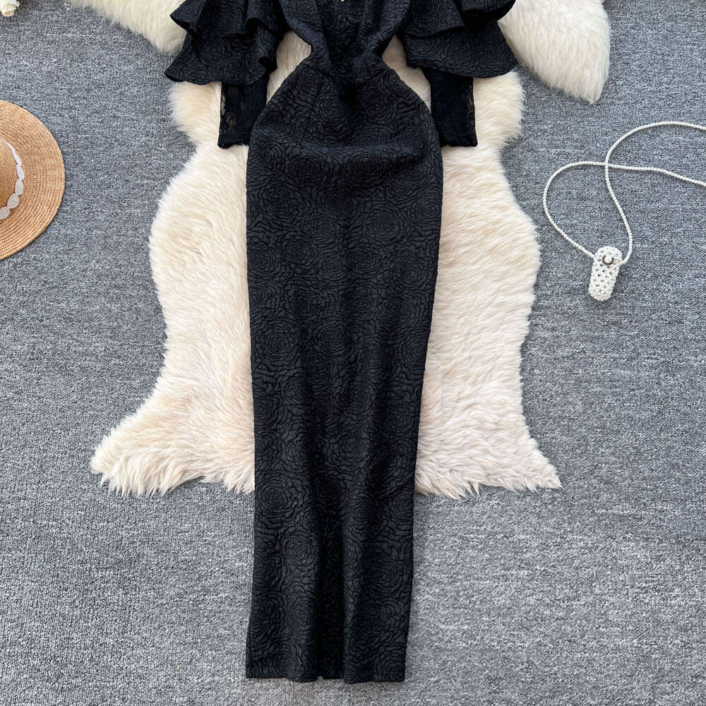 2026 Women's Black European and American Fashionable Elegant Lace Embroidered Ruffle Border Slimming Version Jacquard Dress