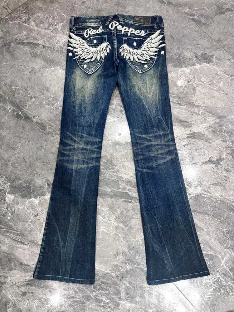 Womens Low Rise Flare Jeans Angel Wings Embroidery Y2K American Vintage Style Long Length Denim Pants Bootcut Retro Streetwear M260310