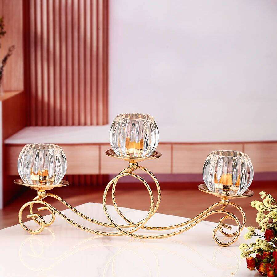 1pc 3 Arms Golden Metal Votive Candle Holder Candelabra, Vintage Candlestick for Table Centerpiece Wedding H260310