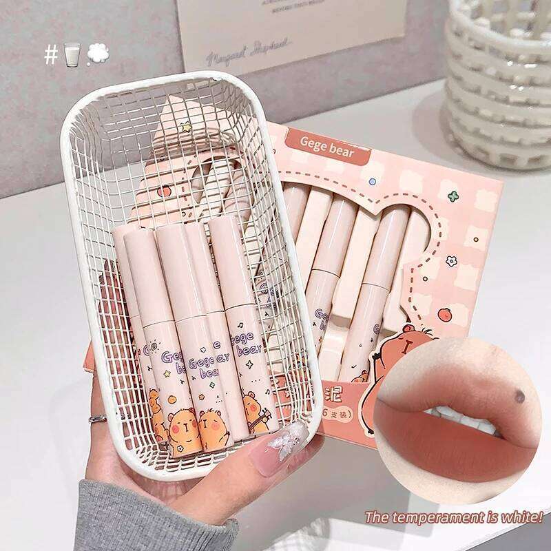 gege bear 6-Color Lip Gloss Lipstick Set Liquid Velvet Matte Women's Makeup Long-lasting Waterproof Non-stick Cup Z260310