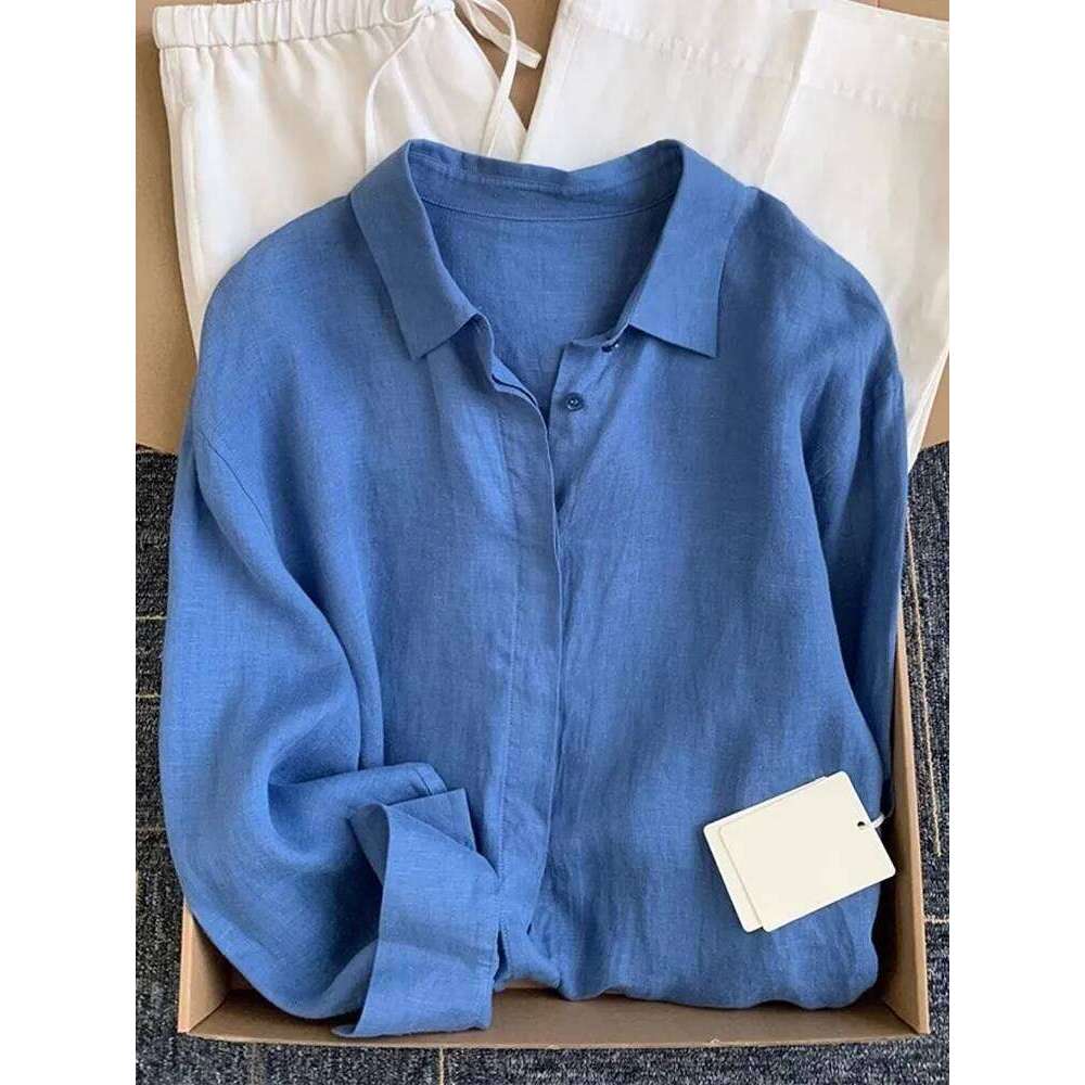 Casual Office Ladies Work Solid Color Linen Shirt Long Sleeve Spring Summer Single Breasted Loose Fit Fashion Women Blouses Tops