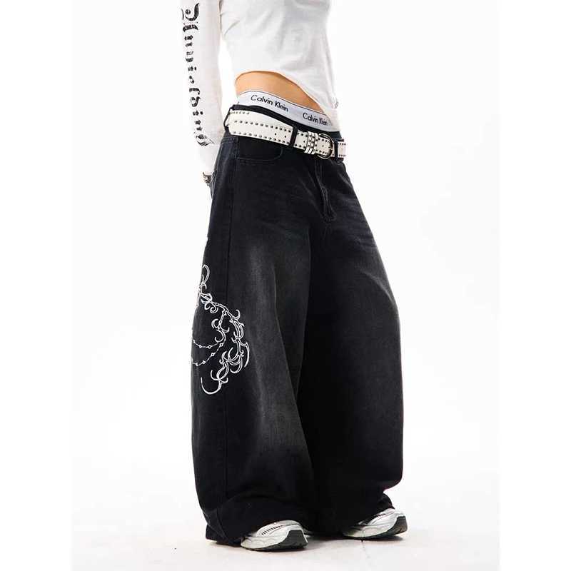 YIBASHU Women Vintage Embroidery Y2K Baggy Jeans Female High Waist 2000s Wide Leg Denim Pants American Retro Harajuku Trouser M260310