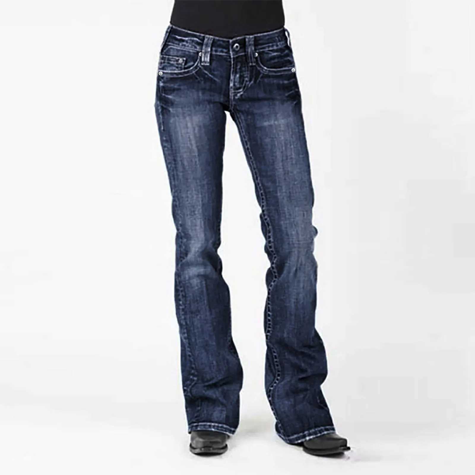 American retro mid waist flared slim fit elastic jeans for women M260310