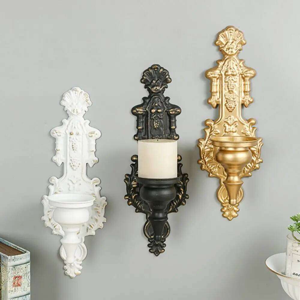 European Style Decorative Mounted Candle Holder Carved Iron Art Nordic Tealight Stand Vintage Metal Candlesticks Wall Decor H260310