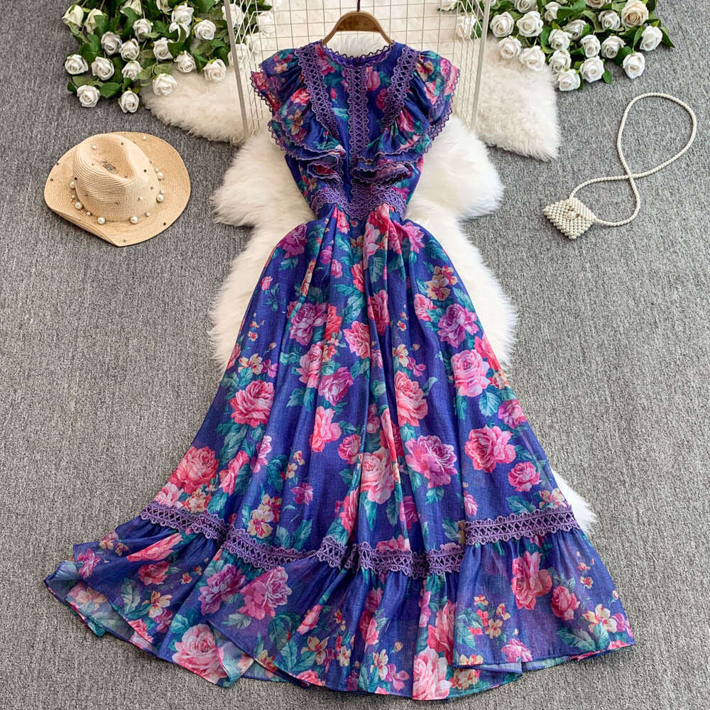 French Elegant Women's 2026 New Vintage Lace Splicing Waist, Fashionable Printed Ruffle Long Dress