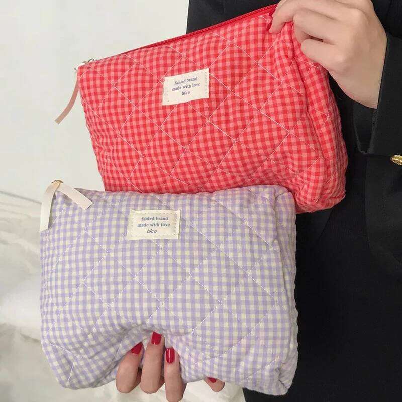 Large Capacity Cotton Makeup Women Checkered Brushes Storage Sweet Cute Travel Toiletry Bag Casual Ladies Soft Organizer XJ260310