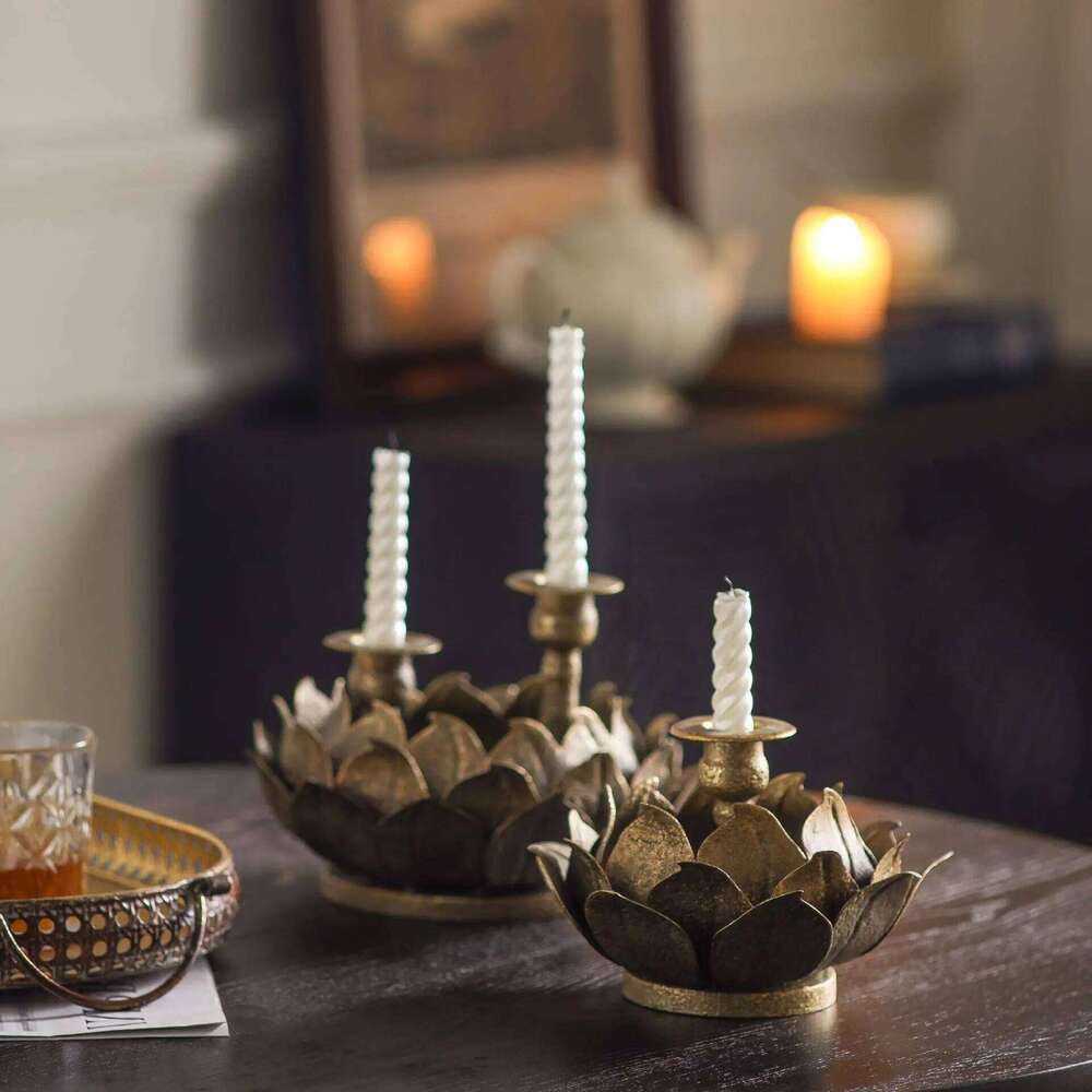 Iron Lotus Flower Candle Holder, Vintage Bronze, Tea Light Centerpiece, Home Decor, Floral Candlestick, Ornamental Metal Art H260310
