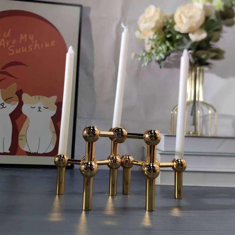New Style Gold Candle Holder Nordic Metal Molecular Structure Candlestick Centerpiece Living Room Decoration Gift Home Decore H260310