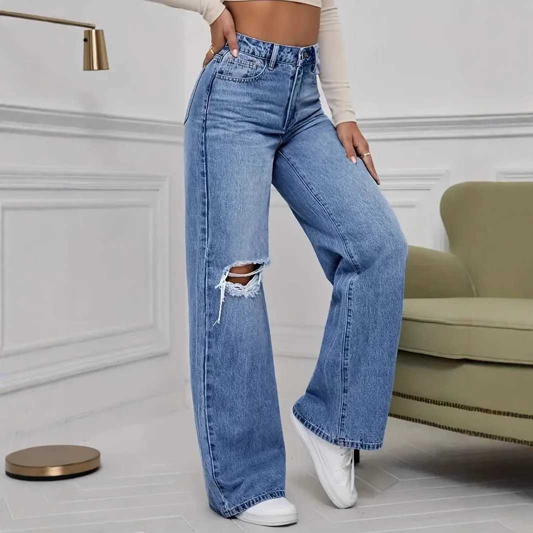 Hole Jeans Women Denim Wide Leg Pants Vintage Distressed Ripped Trousers 2025 Streetwear High Waist Washed Pockets Floor Length M260310