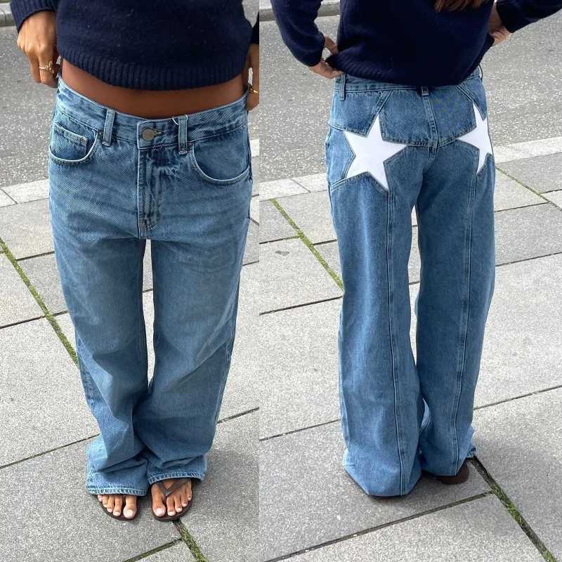 Classic Straight Jeans Women Spliced Five-pointed Star Low Waist Denim Pants Fall Winter 2025 Spice Girl Street Style Y2k JeansT260310