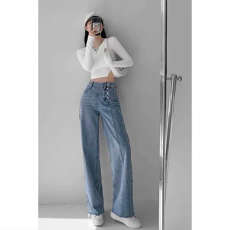 High-waisted Jeans Womens Loose-fit Straight-leg Trousers Draped Wide-leg Denim Pants M260310