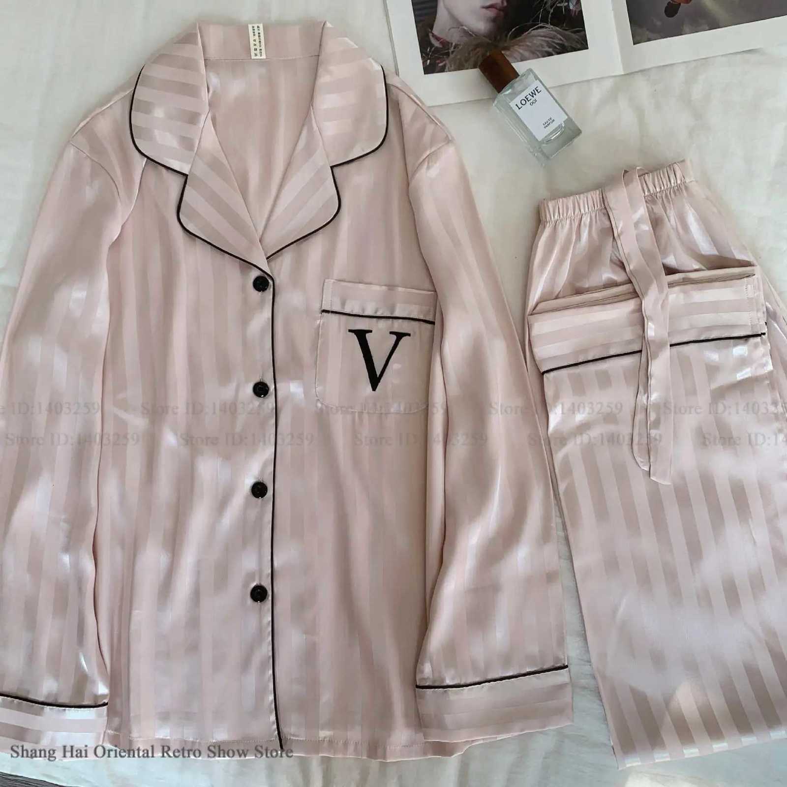 Spring Summer Female Pajamas Set Lingerie Silky Satin Sleepwear Long Sleeve Pijamas Suit Loose Casual Home Clothes LoungewearT260310