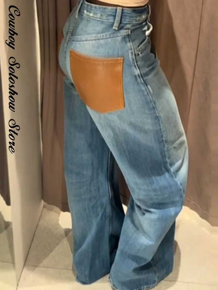 Female Vintage Leather Pocket Jeans Women Blue Zipper Straight Loose Trousers Lady New Fashion Daily Casual Spring Pants 2026T260310