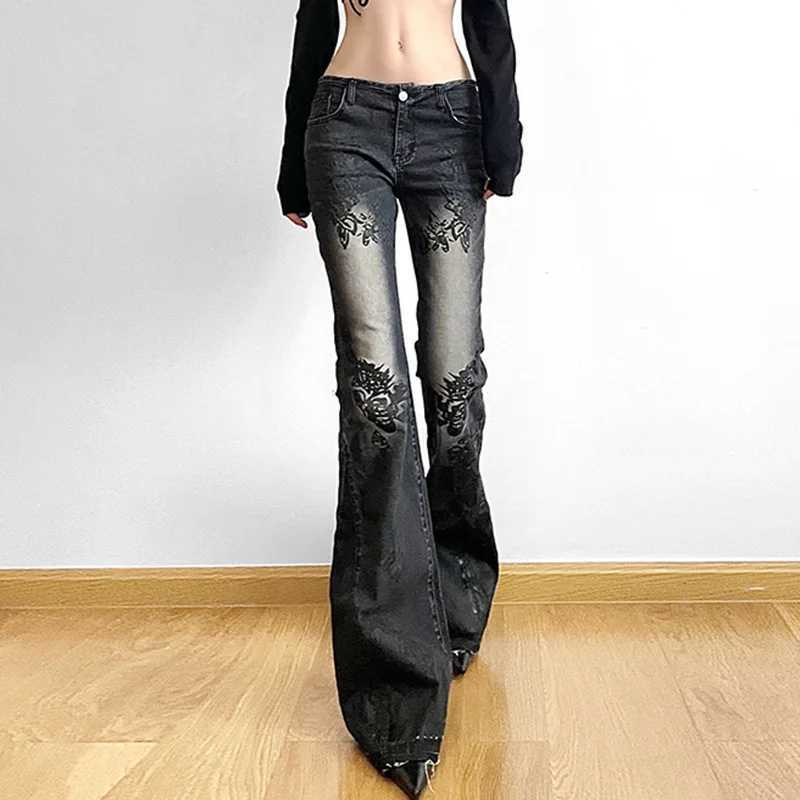 Womens Jeans New American Retro Street Style Plant Print Washed Vintage Low-Rise Flare Pants Trendy Versatile M260310