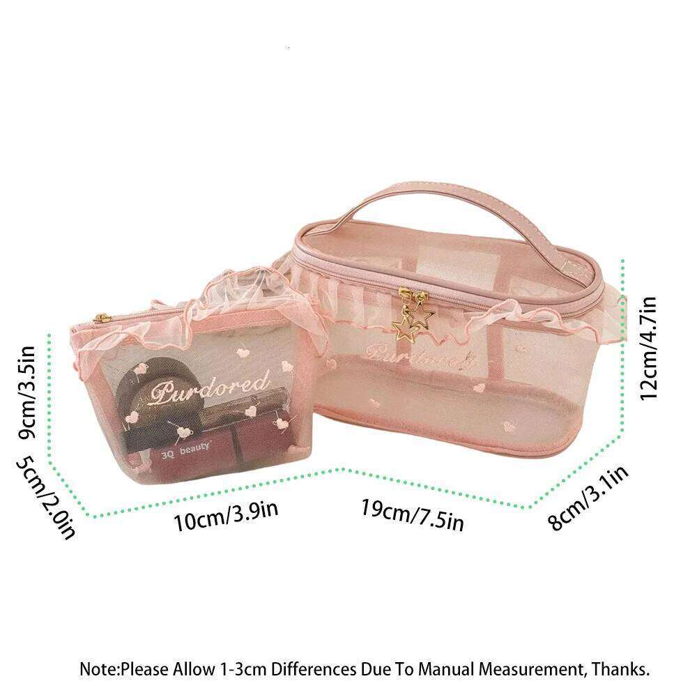 1pc Purified Red Mesh Makeup Bag with Ruffle Detail Love Embroidery Cute Portable Cosmetic Organizer for Girls Toiletry Pouch XJ260310