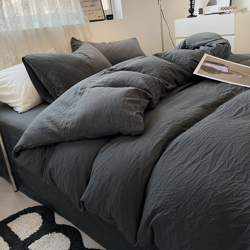 INS solid color washed cotton four-piece bedding cover, bed sheet, student dormitory three-piece set, homestay single duvet cover supplies