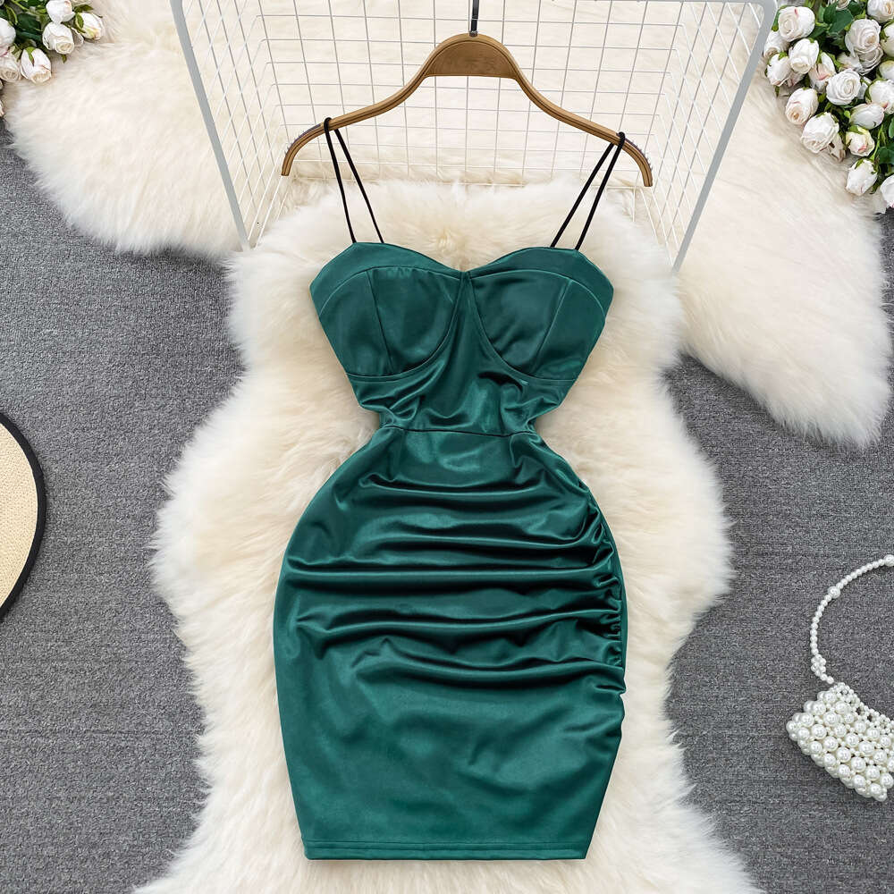 Summer pure desire spicy girl vest skirt sexy acetate satin slim fit highlights petite figure pleated tight fitting dress