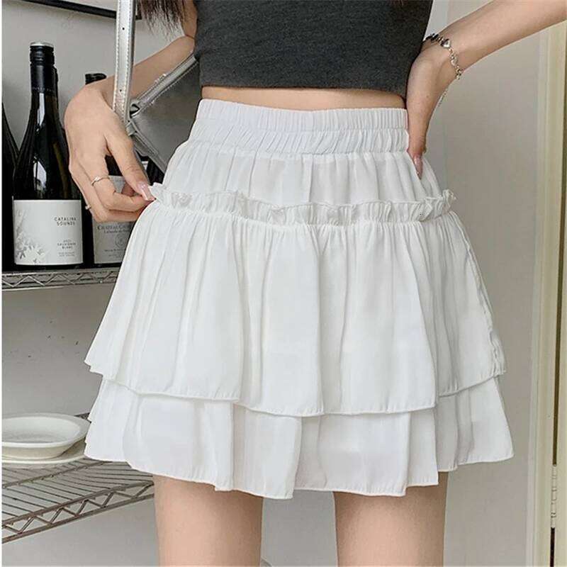 Summer Kawaii White Ruflles Skirt Women Fashion Slim Fit Chiffon Mini Skirts Giris Y2k All Match Elastic High Waist Black Faldas XJ260309
