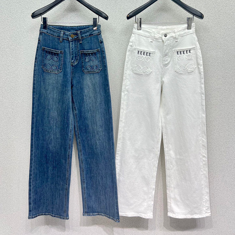 Women High Waist Jeans Designer Embroidered Pocket Straight Leg Denim Pants Spring Summer Casual Comfort Jean Trousers