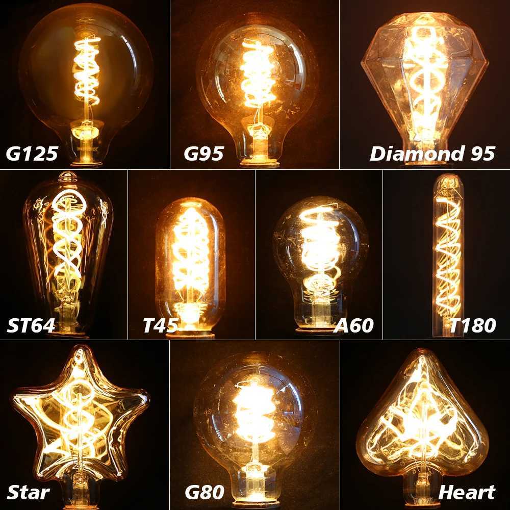 Retro Edison E27 E14 LED Light Bulb 220V Diamond Love ST64 A60 G80 G95 G125 T185 Vintage Glass Bulb Lamp For Home Decor Lighting H260310