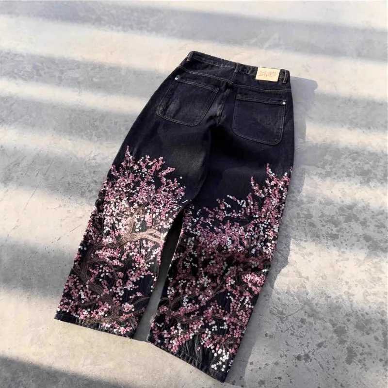 Unisex Jeans Harajuku European American Streetwear Embroidered Denim Pants Vintage Floral Loose Fit Straight Wide Leg Casual New M260310
