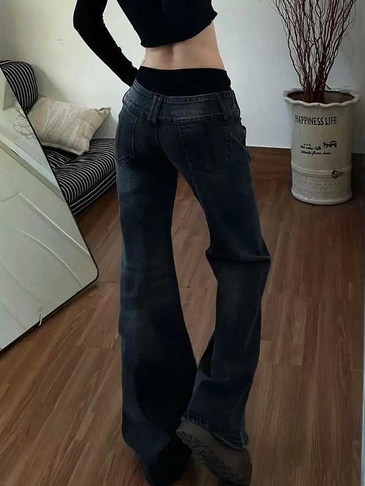 American Fashion Micro-flared Jeans RETRO Hot Micro-flared Jeans Millennium Harajuku Style Y2k Trousers Streetwear Women M260310