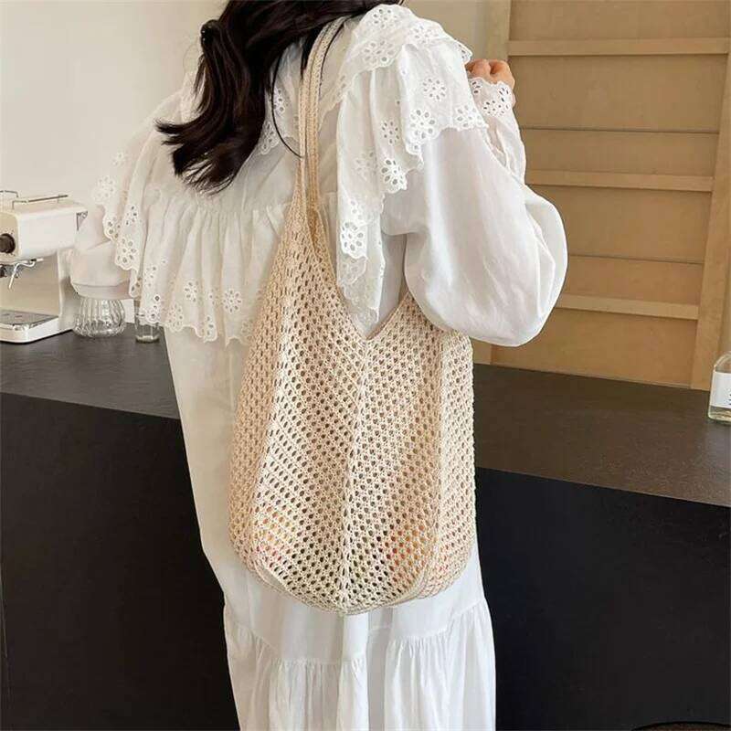 Women Crochet Tote Candy Fashion Knitted Large Capacity Woven Shoulder Bags Solid Color Simple Shopping Bag for Summer Beach XJ260310