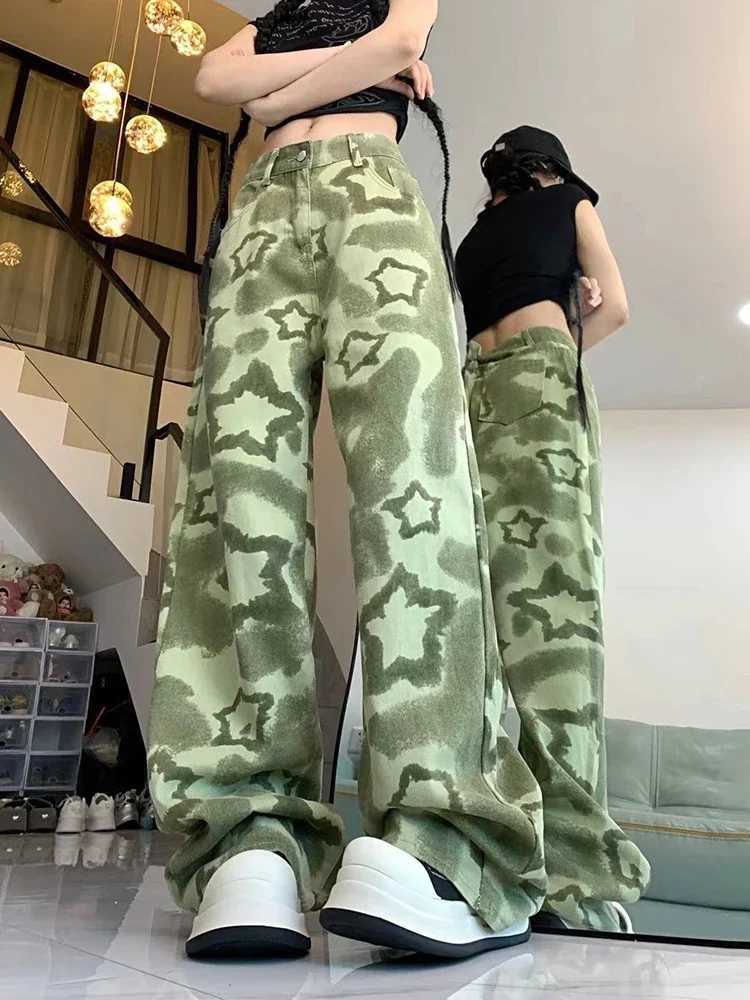 American Stars Green Jeans Women High Waist Y2K Vintage Denim Pants Casual Loose Korean Harajuku Female Streetwear Trousers M260310
