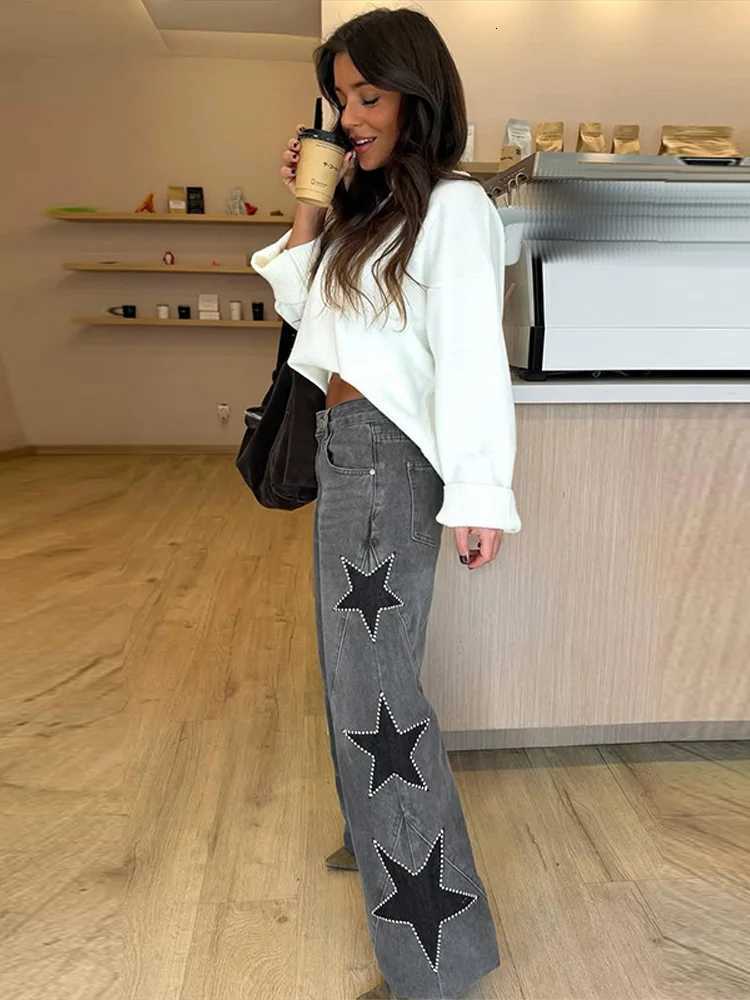 Diamond Decoration Jeans Women Five Pointed Star Straight Womens Pants Retro Baggy Fashion Street Denim Jeans Trousers LadiesT260310