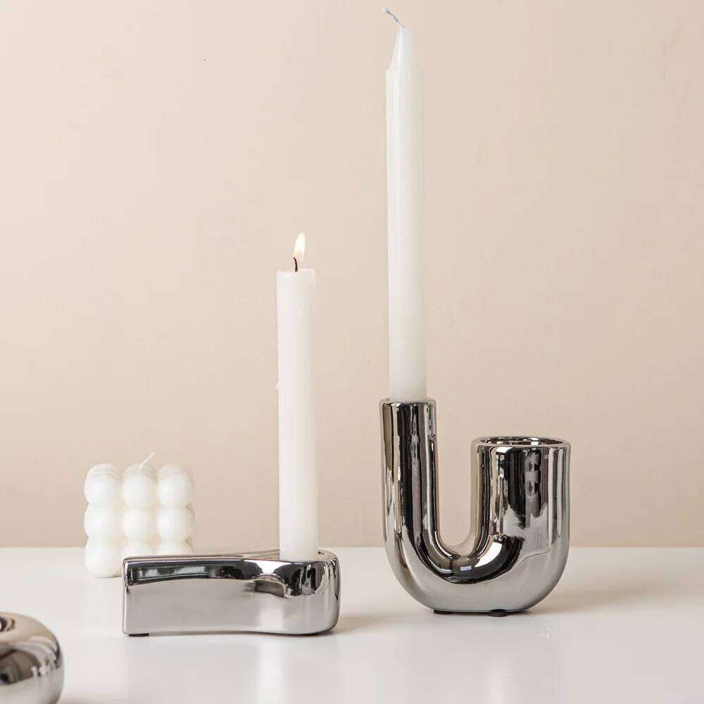 Luxury Electroplating Silver Candlestick Holder,Modern Living Room Office Art Decoration,Creative Ceramic Cylinder Candle Holder H260310