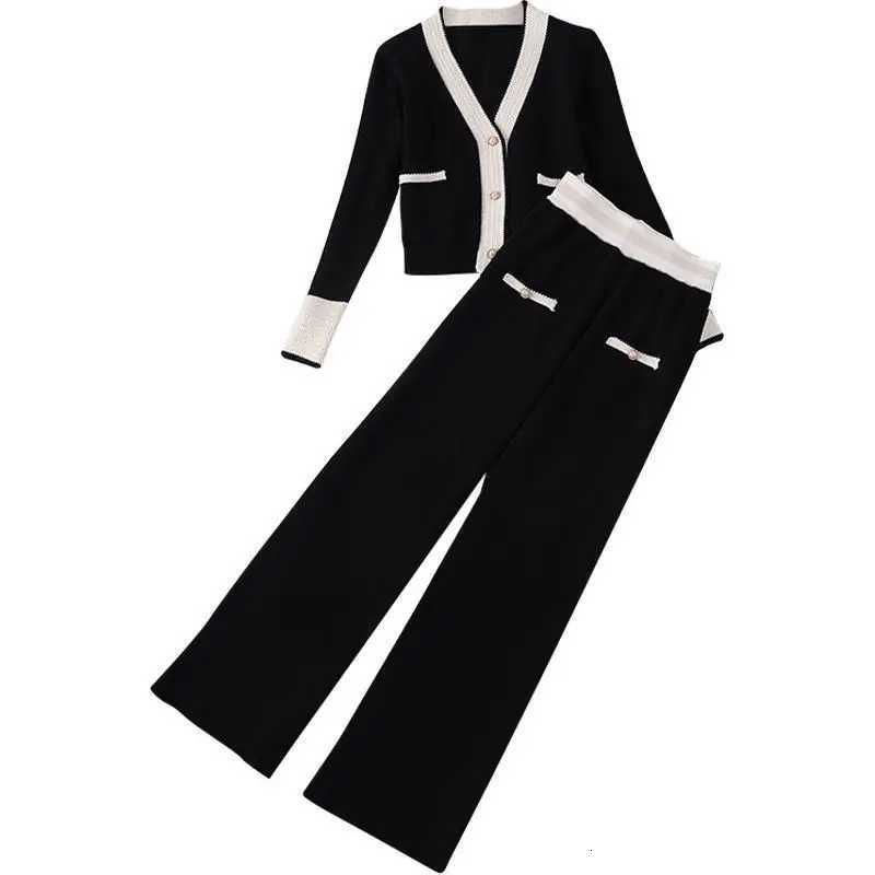 Xiaoxiangfeng Knitwear Outfits Womens Spring Autumn Fashion Knitted Cardigan Wide Leg Pants Two Piece Set Sweater Trousers SuitT260310