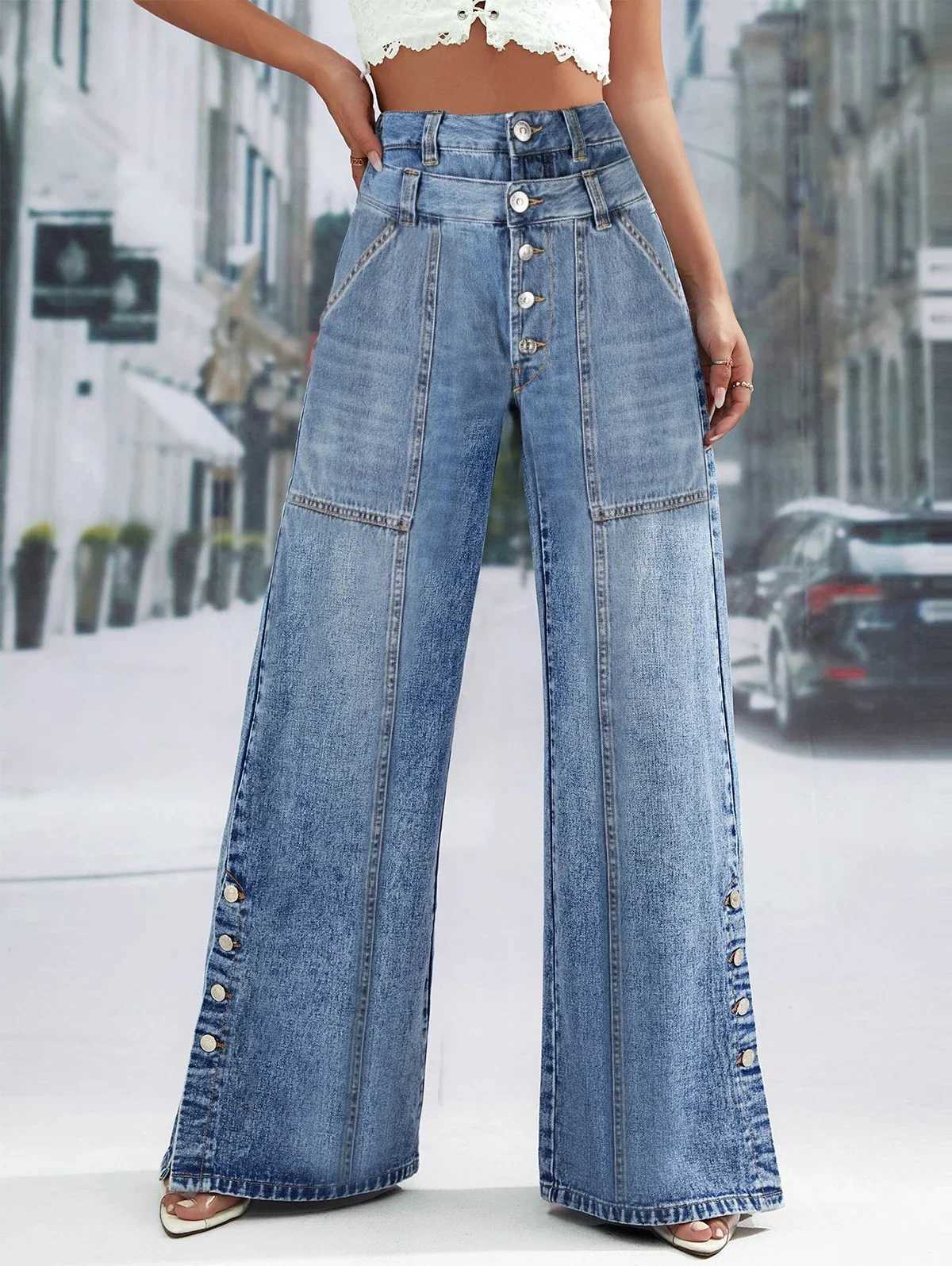 Women Casual Plus Size Wide Leg Jeans High Waist Button Washing Vintage Denim Trousers Pants Harajuku Pockets Autumn Jeans M260310