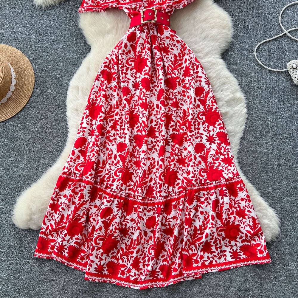 Designer French Exquisite Design Single Shoulder Strap Ruffle Tie Printed Women's Dress Elegant and Fashionable