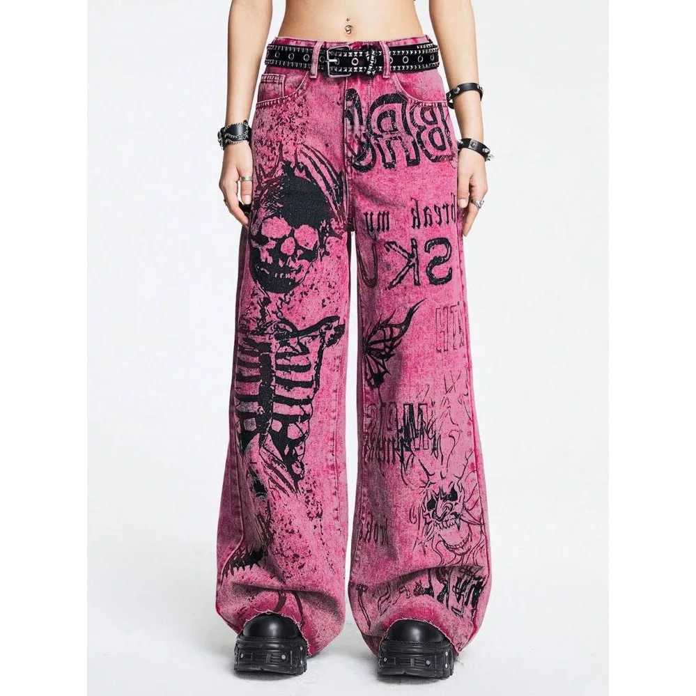 Pink Y2K Grunge Baggy Vintage Gothic Graffiti Skull Print 3D Lettering High Waist Wide Leg Pants Punk Fashion Streetwear M260310